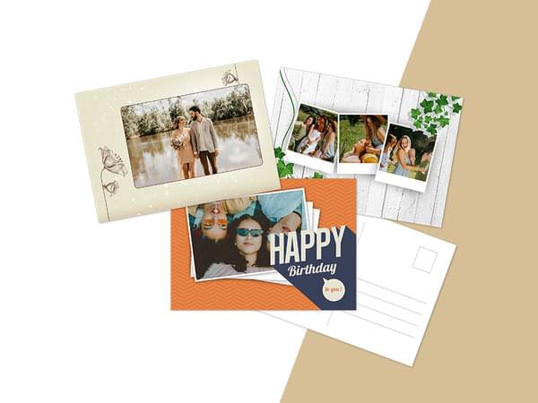 Vier Postkarten mit verschiedenen Motiven von Freunden und Familien.